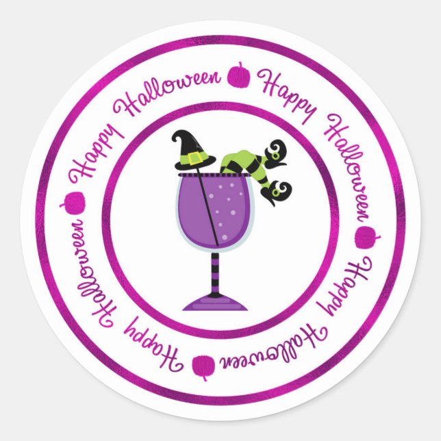 Sticker Rond Cocktail citrouille et sorcière violette Halloween (Devant)