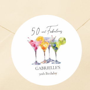 Sticker Rond Cocktail Martini Aquarelle Joyeux 50e Anniversaire