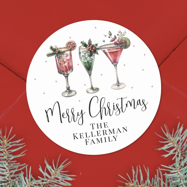 Sticker Rond Cocktails de Fête Joyeux Noël (Festive Cocktails Merry Christmas Classic Round Sticker)