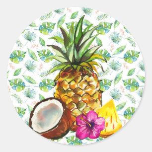 Sticker Rond Cocotier d'ananas tropical, luau, hawaii