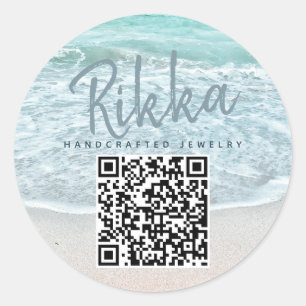 Sticker Rond Code QR de bijoux faits main de plage océan turquo