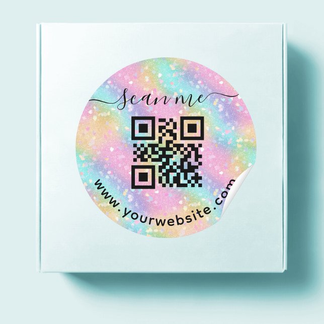 Sticker Rond Code QR iridescent et texte personnalisé autocolla (Créateur téléchargé)