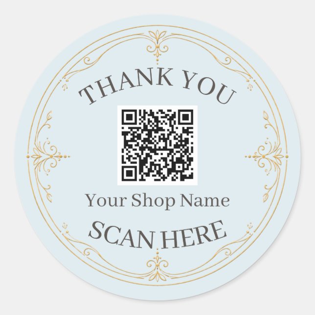 Sticker Rond Code QR Merci Petite Entreprise Or Bleu Pâle (Devant)