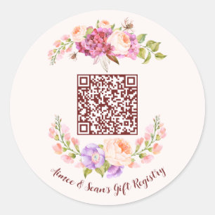 Sticker Rond Code QR personnalisé Mariage de cadres floraux Reg