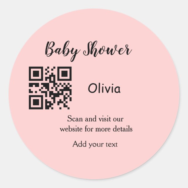 Sticker Rond Code QR simple pour baby shower avec nom et texte (Devant)