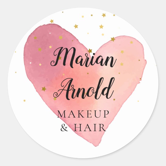 Sticker Rond Cœur aquarelle rose étoiles dorées (Devant)