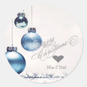 Sticker Rond Cœur argenté élégant, boules de Noël bleues