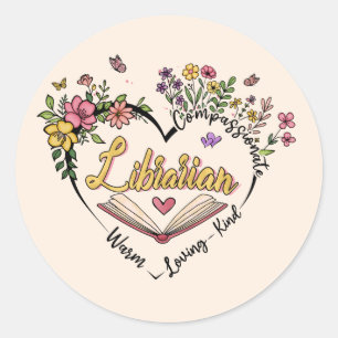 Sticker Rond Coeur bibliothécaire floral