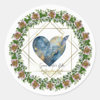 Sticker Rond Cœur bleu élégant et couronne de rose rose "Merci"