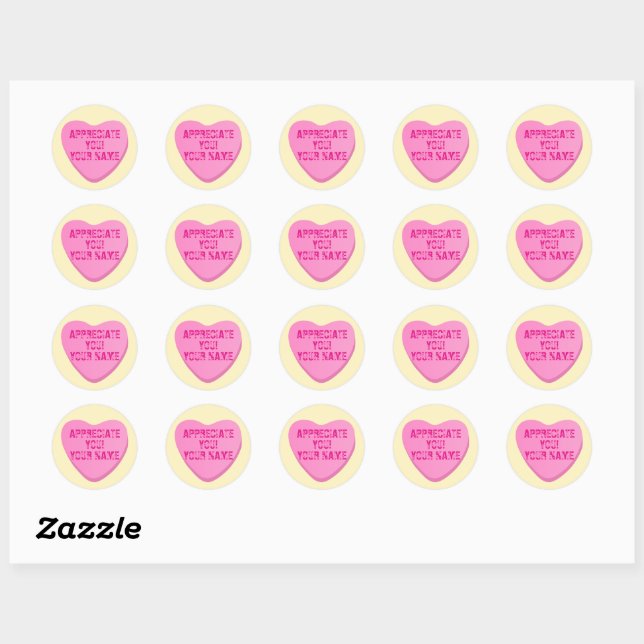 Sticker Rond Coeur bonbon avec Coeur texte rose personnalisé su (Feuille)