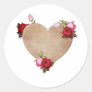 Sticker Rond Coeur brun clair vintage avec Roses rose rouge