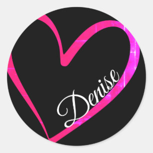 Sticker Rond Coeur calligraphie rose sur noir Nom personnalisé