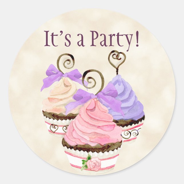 Sticker Rond Coeur Cupcake Anniversaire Fête Invitation Sceau (Devant)