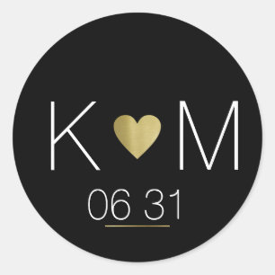 Sticker Rond Coeur d'amour doré avec des noms de couple en noir