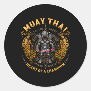 Sticker Rond Cœur de champion - Kickboxing et éléphant Muay Tha