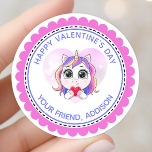 Sticker Rond Cœur de Licorne Mignon Saint-Valentin Personnalisé
