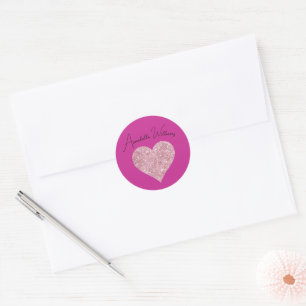 Sticker Rond Coeur de Parties scintillant rose sur Fuchsia