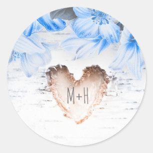 Sticker Rond Coeur d'écorce de bouleau et fleurs bleues Mariage