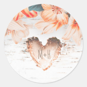 Sticker Rond Coeur d'écorce de bouleau et fleurs d'orange Maria