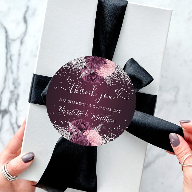 Sticker Rond Coeur des fleurs d'argent Bourgogne merci mariage (Créateur téléchargé)