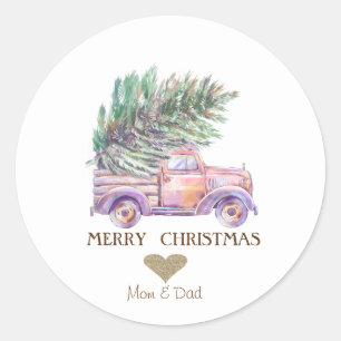 Sticker Rond Coeur d'or, Camion rose Pine Arbres Noël