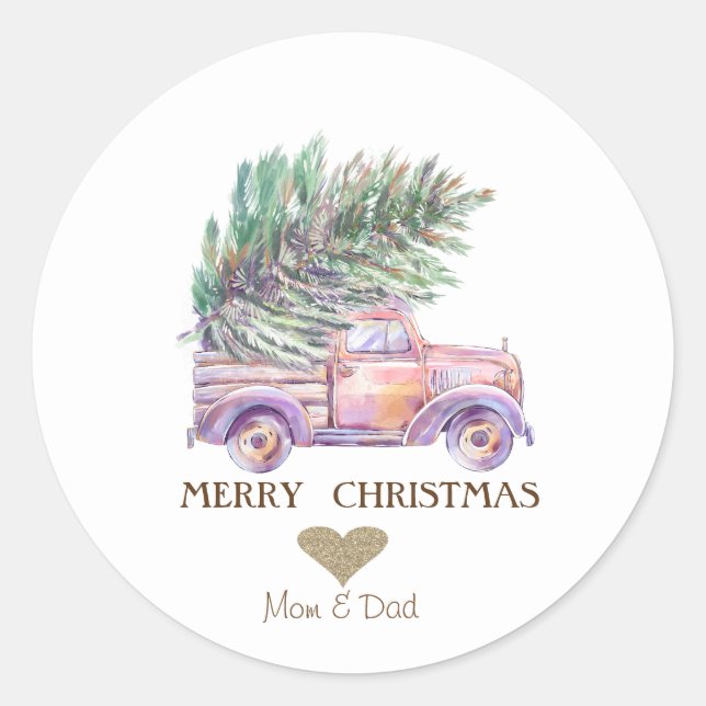 Sticker Rond Coeur d'or, Camion rose Pine Arbres Noël (Devant)