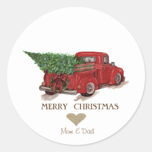 Sticker Rond Cœur doré, camion rouge Sapin de Noël