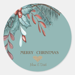 Sticker Rond Cœur doré de Noël élégant, baie de houx