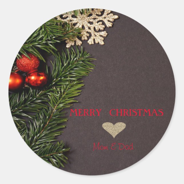 Sticker Rond Cœur doré de Noël élégant, Boules, Branches (Devant)