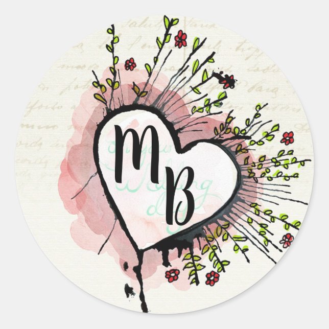 Sticker Rond Coeur Élégant Monogrammé avec Fleurs (Devant)