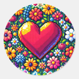 Sticker Rond Coeur en fleurs Pixel Art