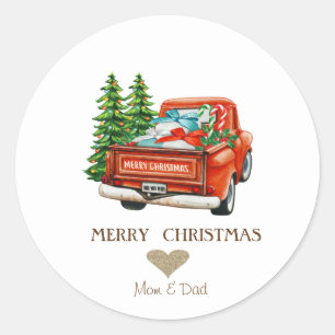 Sticker Rond Cœur en or, camion rouge et pins de Noël