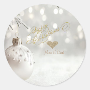 Sticker Rond Cœur en or élégant, boule de Noël blanche