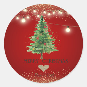 Sticker Rond Cœur en or, Sapin de Noël aquarelle, Guirlande lum
