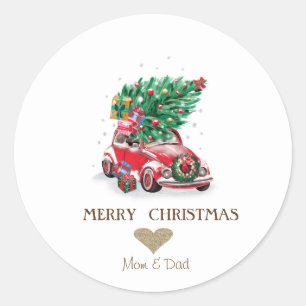 Sticker Rond Cœur en or, sapins de Noël à voitures rouges