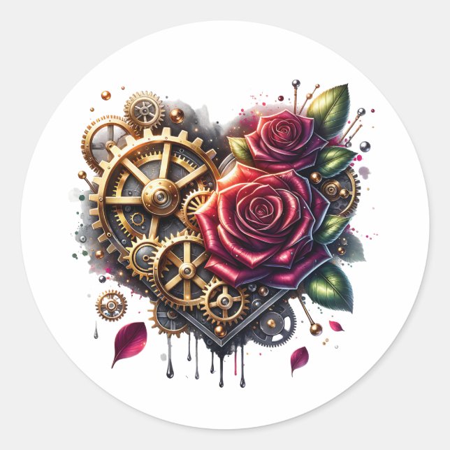 Sticker Rond Coeur et Roses Steampunk (Devant)