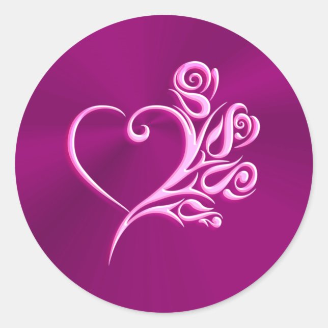 Sticker Rond Coeur et Roses stylisés Mauve, effet gaufré (Devant)