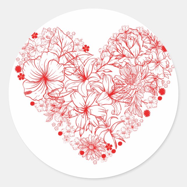 Sticker Rond Coeur floral, coeur de fleurs rouges (Devant)