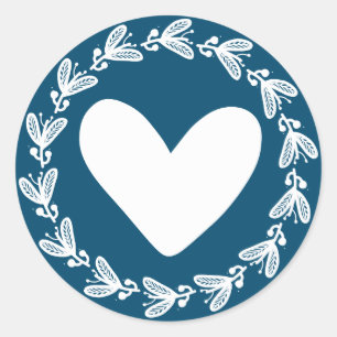 Sticker Rond Cœur floral Couronne de laurier bleue marine et bl