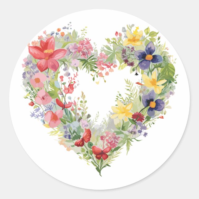 Sticker Rond Coeur floral - Fleurs de printemps en aquarelles (Devant)