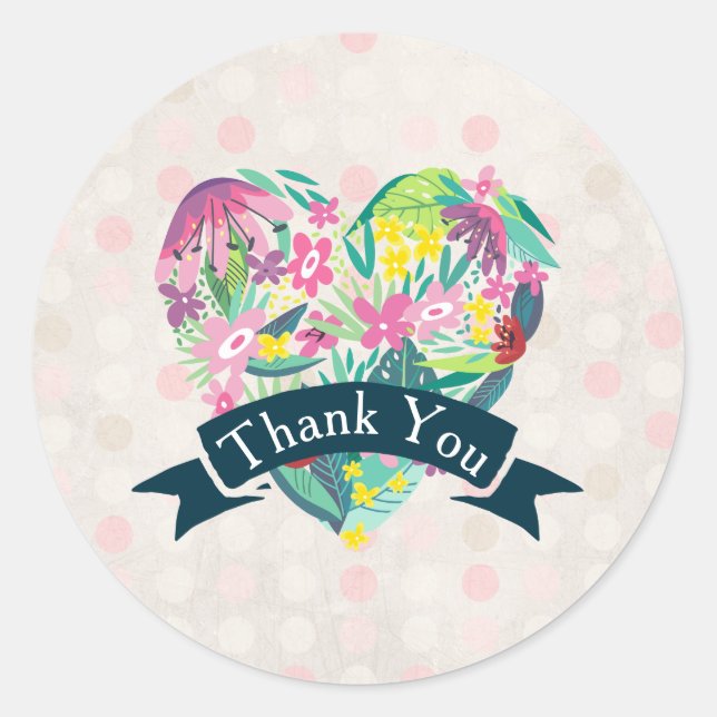 Sticker Rond Coeur floral mignon avec Merci de fleurs tropicale (Devant)