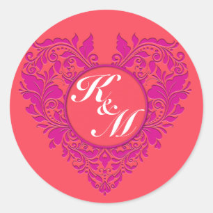 Sticker Rond Coeur HeartyParty framboise et magenta Damask