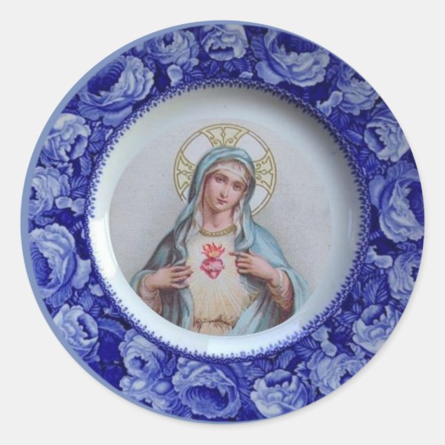 Sticker Rond Coeur immaculé de la Vierge Marie Roses Bleus (Devant)