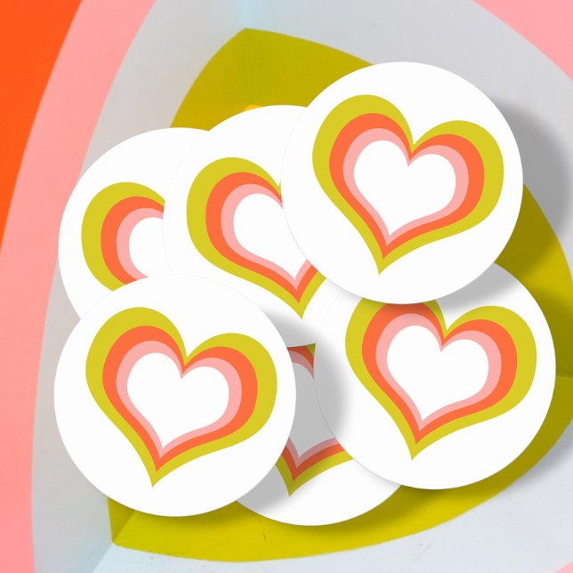 Sticker Rond Coeur Mariage Gras Retro Citrus (Bold Retro Citrus Wedding Heart Classic Round Stickers from Ricaso)