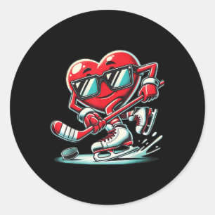 Sticker Rond Coeur mignon Jouer de hockey sur glace Valentines 