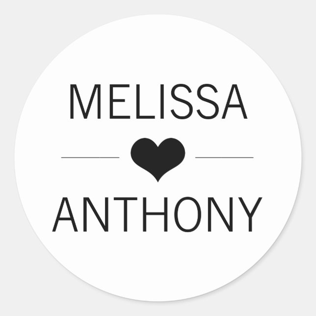 Sticker Rond Coeur moderne Noir Blanc Mariage Monogramme Phoque (Devant)