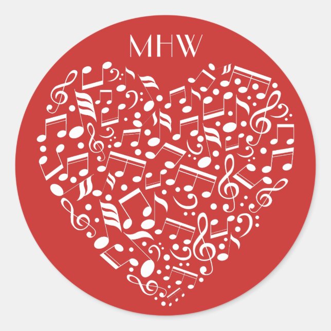 Sticker Rond Coeur musical monogramme personnalisé & autocollan (Devant)