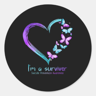 Sticker Rond Coeur papillon Je suis un survivant Prévention du 