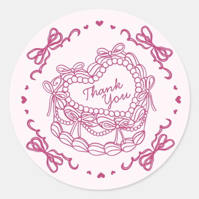 Sticker Rond Cœur Rétro Ruban Rose Cake Remerciements Coquette (Devant)