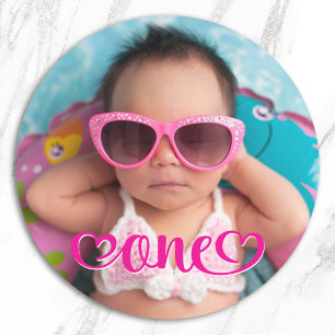 Sticker Rond Cœur Rose Chaud Une Photo 1er Anniversaire
